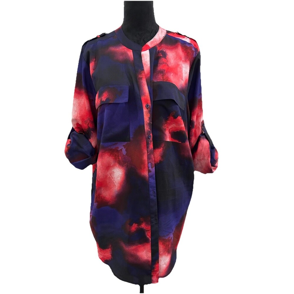 Calvin Klein Women 3X Multicolor Long Roll Tab Sleeves Button Up Blouse